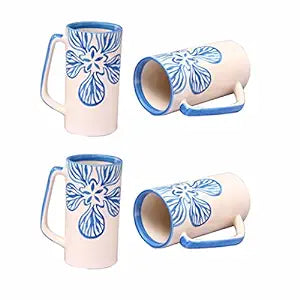 Caffeine Ceramic Handmade Cream and Blue Flora Milk Mug (Set of 4) - Caffeine Premium Stoneware