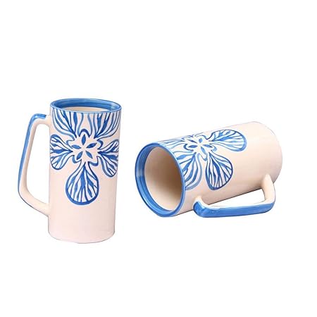 Caffeine Ceramic Handmade Cream and Blue Flora Milk Mug (Set of 4) - Caffeine Premium Stoneware