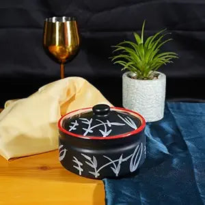 Caffeine Ceramic Handmade Black Bamboo Serving Donga Casserole (Set of 1 Medium )