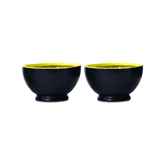 Caffeine Ceramic Handmade Matte Black & Glossy Brown with Yellow Rim Nut Serving Bowl (Set of 2) - Caffeine Premium Stoneware