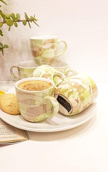 Caffeine Ceramic Handmade Green Floral Tea Cup Set (Set of 6) - Caffeine Premium Stoneware