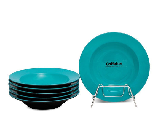 Caffeine Ceramic Handmade Stoneware Plain Sea Green & Black Soup Plate/Pasta Plate/Maggie Plate/Macaroni Plate 9" (Set of 6 Microwave & Dishwasher Safe) - Caffeine Premium Stoneware