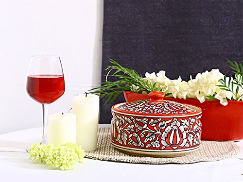 Caffeine Ceramic Handmade Red Mughal Serving Casserole (Set of 1, Medium)