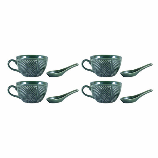 Caffeine Ceramic Handmade Ocean Green Bubble Single Handled Soup Bowl with Spoon Set 4 - Caffeine Premium Stoneware