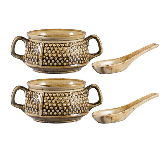 Caffeine Ceramic Handmade Brown Metallic Double Handled Soup Bowl (Set of 2) - Caffeine Premium Stoneware