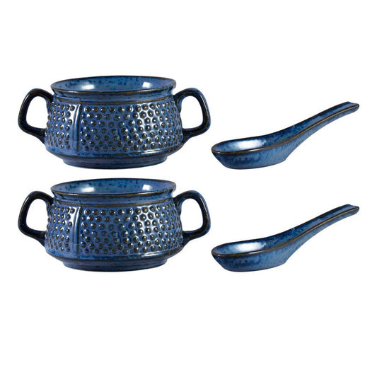 Caffeine Ceramic Handmade Blue Bubble Double Handled Soup Bowl (Set of 2) - Caffeine Premium Stoneware