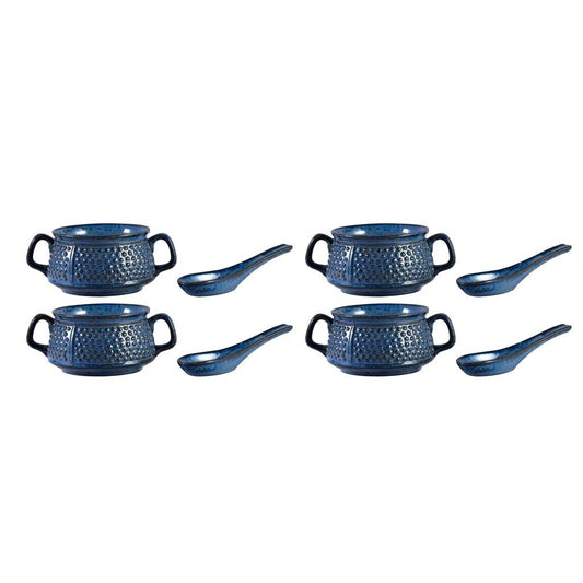 Caffeine Ceramic Handmade Blue Bubble Double Handled Soup Bowl with spoon (Set of 4) - Caffeine Premium Stoneware