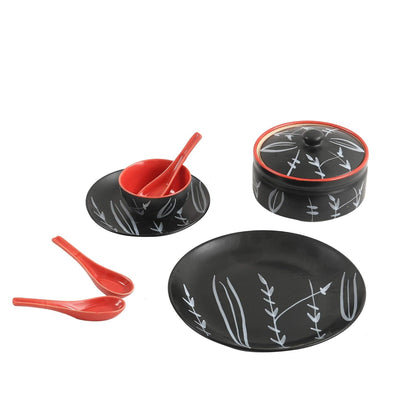 Caffeine Ceramic Handmade Red and Black Bamboo Dinner Set (37 pieces - Microwave & Dishwasher Safe) - Caffeine Premium Stoneware