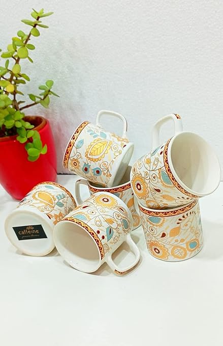 Caffeine Ceramic Handmade White & Gold Floral Tea cup set (set of 6) - Caffeine Premium Stoneware