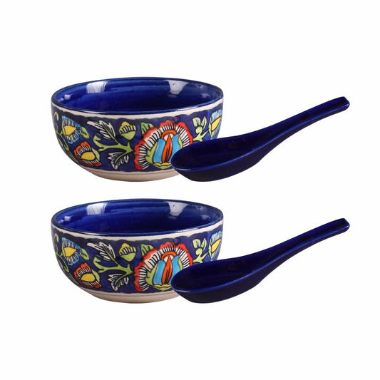 Caffeine Ceramic Handmade Blue Jaipuri Soup Bowl with Spoon (Set of 2) - Caffeine Premium Stoneware