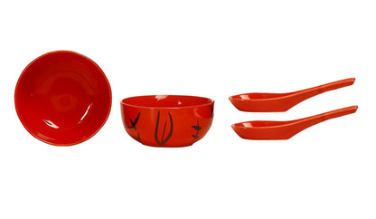 Caffeine Ceramic Handmade Red Bamboo Soup Bowl with Spoon (Set of 2) - Caffeine Premium Stoneware