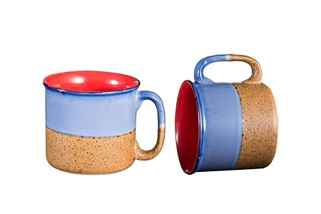 Caffeine Ceramic Handmade Blue and Mustard Maggie Mug (Set of 2) - Caffeine Premium Stoneware