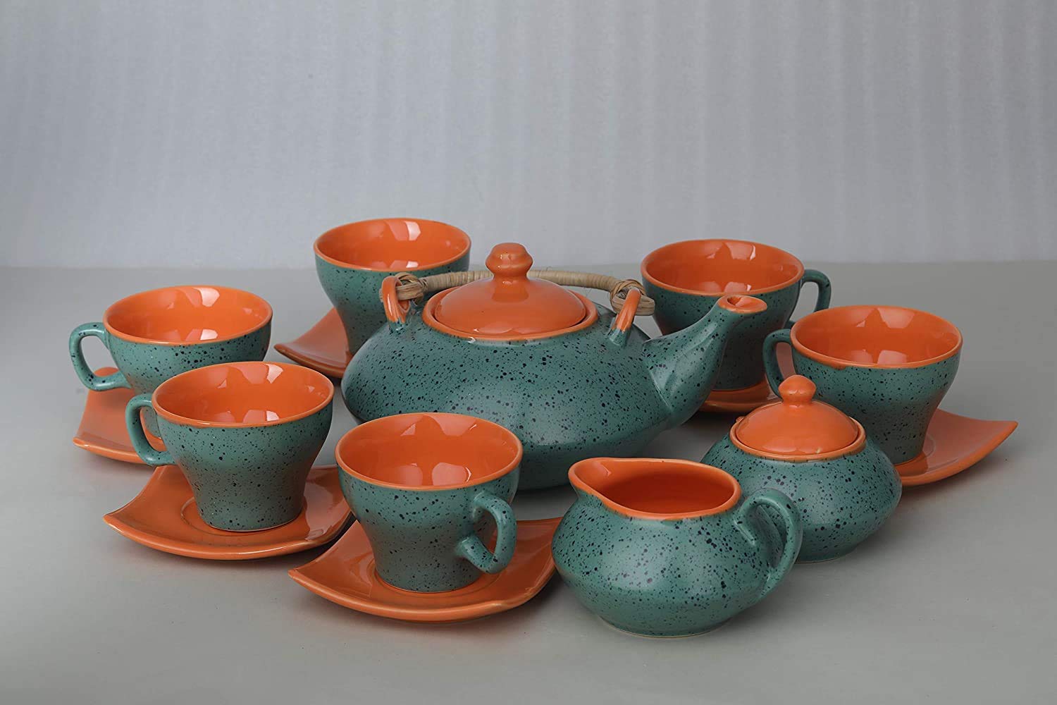 Caffeine Ceramic Handmade Tea Set Green and Orange Printed Tea Set of 15 - Caffeine Premium Stoneware