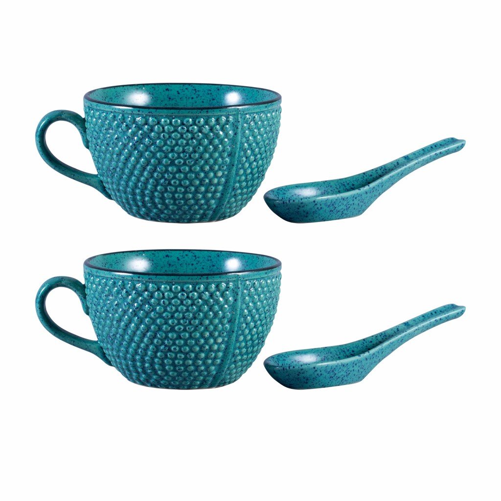 Caffeine Ceramic Handmade Green Bubble Single Handled Soup Bowl with Spoon (Set of 2) - Caffeine Premium Stoneware