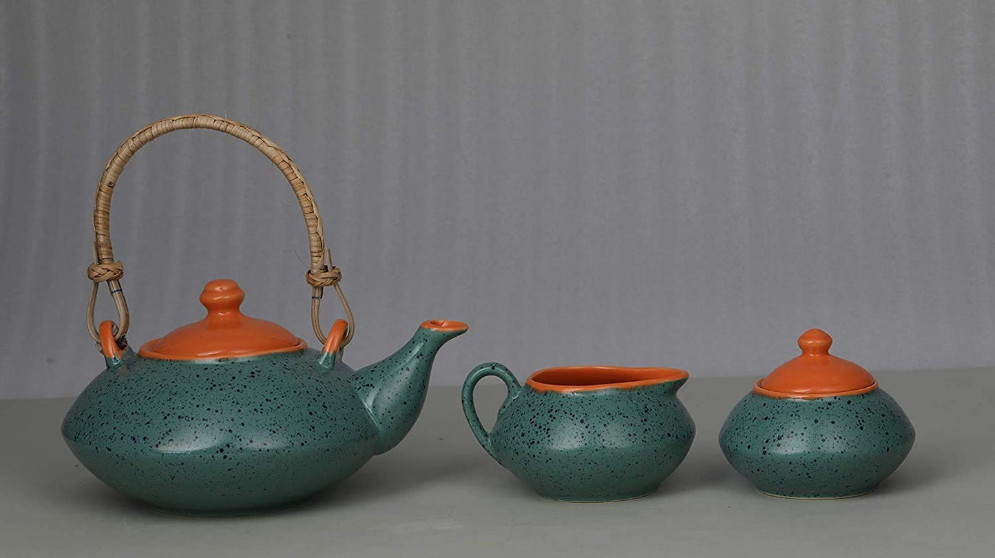 Caffeine Ceramic Handmade Tea Set Green and Orange Printed Tea Set of 15 - Caffeine Premium Stoneware