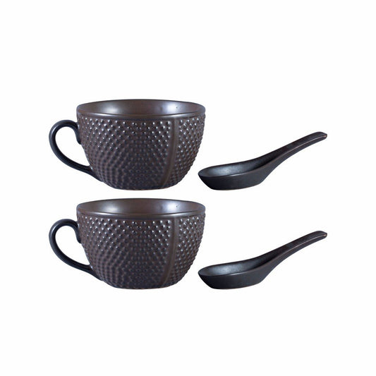 Caffeine Ceramic Handmade Brown Bubble Single Handled Soup Bowl (Set of 2) - Caffeine Premium Stoneware