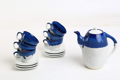 Caffeine Ceramic Handmade Blue & White Studio Tea Set - (Set of 15 pcs) - Caffeine Premium Stoneware