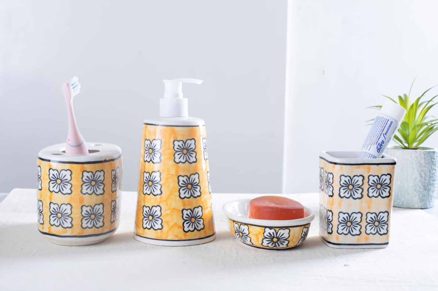 Caffeine Ceramic Stoneware Handmade Bathroom Accessories Set of 4 (Liquid Soap Dispenser,Soap Tray, Toothbrush Holder, Tumbler) - Caffeine Premium Stoneware