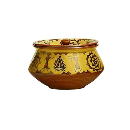 Caffeine Ceramic Handmade Mustard Romani Serving Handi with Lid (Set of 1) small