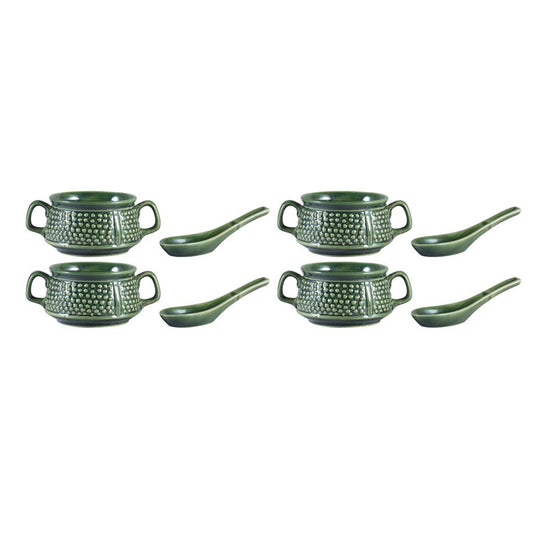 Caffeine Ceramic Handmade Green Bubble Double Handled Soup Bowl with Spoon Set 4 - Caffeine Premium Stoneware