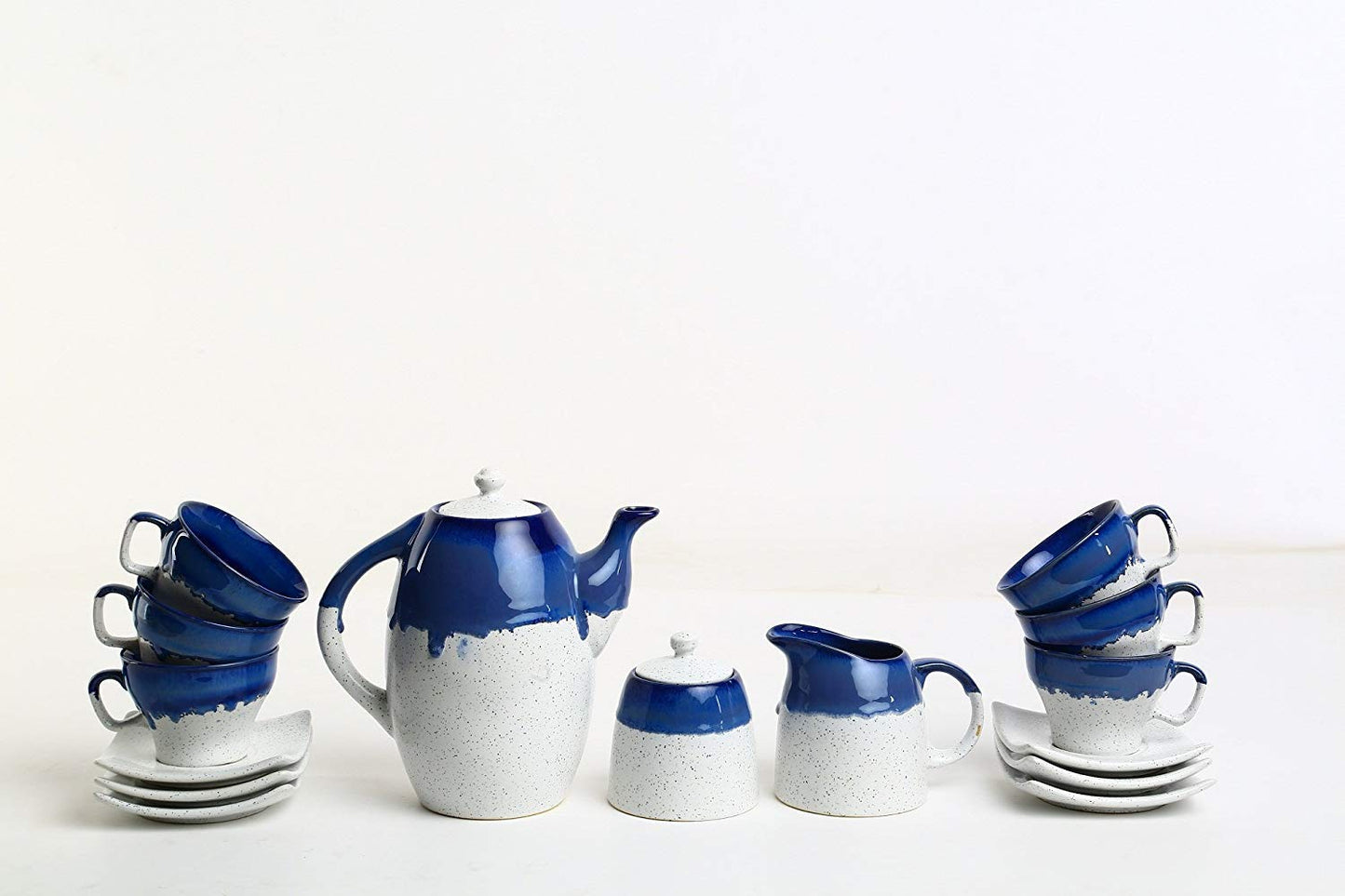 Caffeine Ceramic Handmade Blue & White Studio Tea Set - (Set of 15 pcs) - Caffeine Premium Stoneware