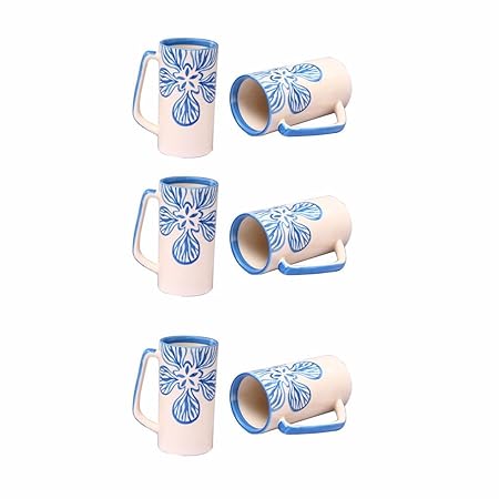 Caffeine Ceramic Handmade Cream and Blue Flora Milk Mug (Set of 6) - Caffeine Premium Stoneware