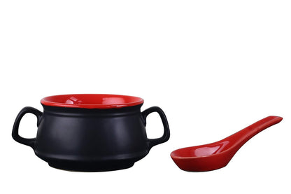 Caffeine Ceramic Handmade Red & Black Matte Double Handled Soup Bowl with Spoon (Set of 2) - Caffeine Premium Stoneware