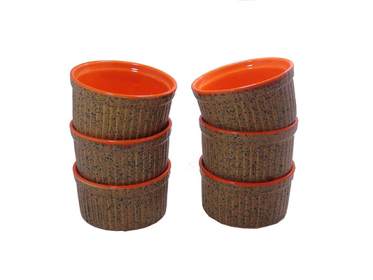 Caffeine Ceramic Handmade Brown and Glossy Orange Ramekins Bowls – (Set of 6, 150 ml) - Caffeine Premium Stoneware