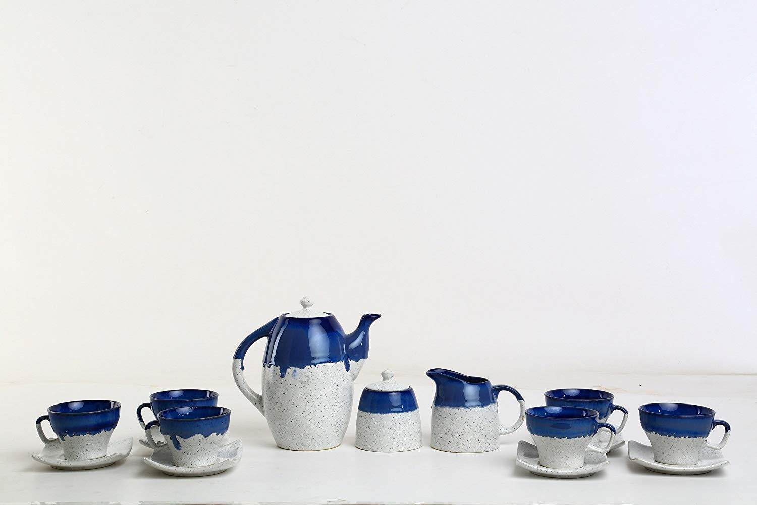 Caffeine Ceramic Handmade Blue & White Studio Tea Set - (Set of 15 pcs) - Caffeine Premium Stoneware