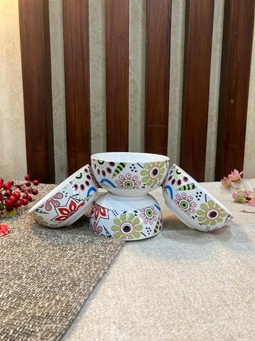 Caffeine Ceramic Handmade  Multicolor Flower Design Katori Bowl (Set of 4 ) - Caffeine Premium Stoneware