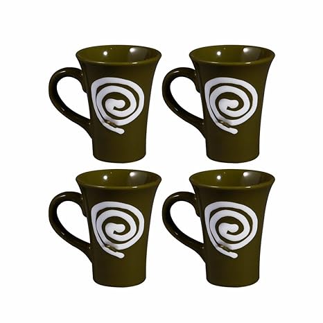 Caffeine Ceramic Handmade Pickle Green Doodle Tea Cup Set of 4 - Caffeine Premium Stoneware