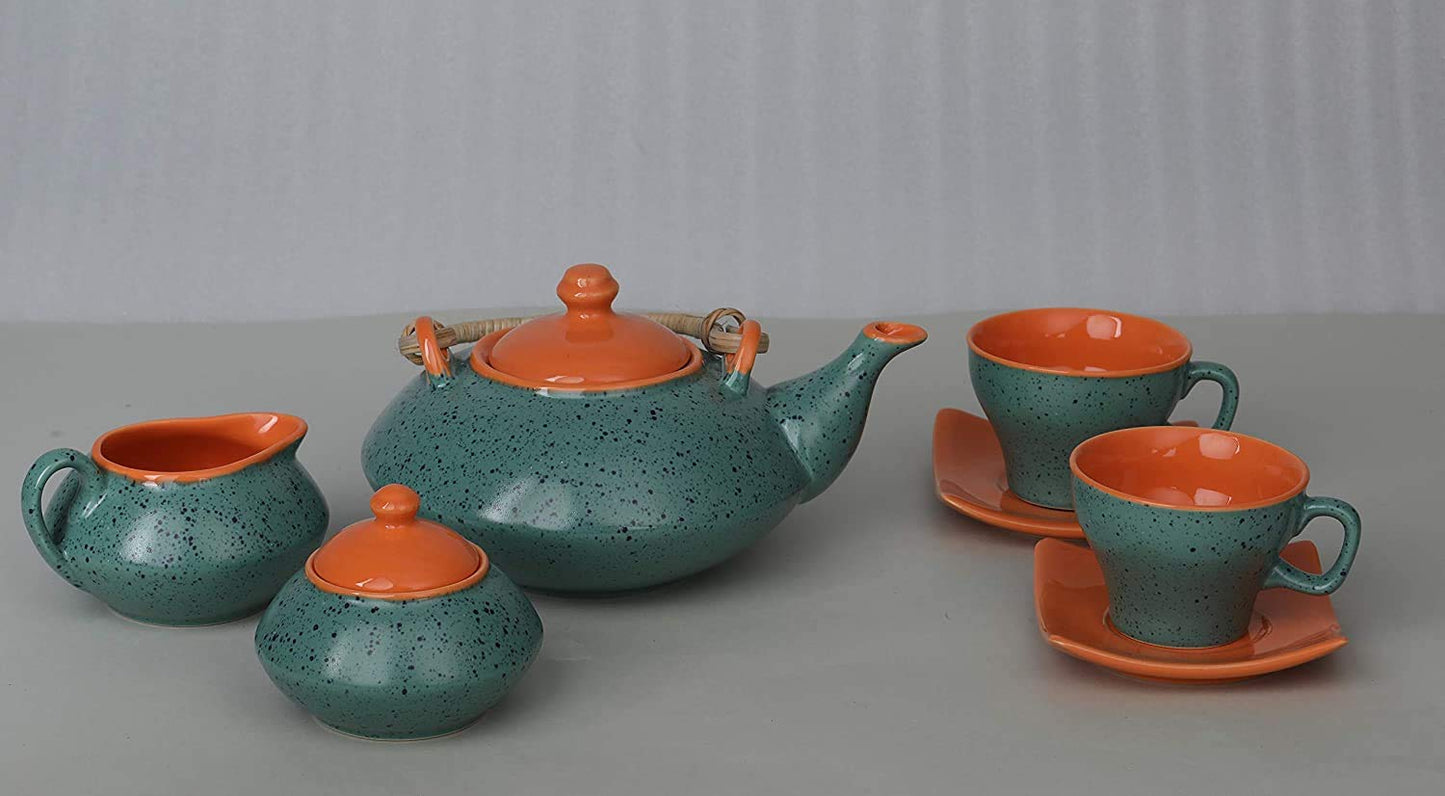 Caffeine Ceramic Handmade Tea Set Green and Orange Printed Tea Set of 15 - Caffeine Premium Stoneware