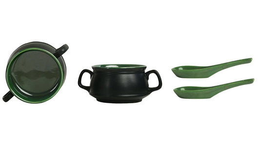 Caffeine Ceramic Handmade Green & Black Double Handled Soup Bowl with Spoon (Set of 2) - Caffeine Premium Stoneware