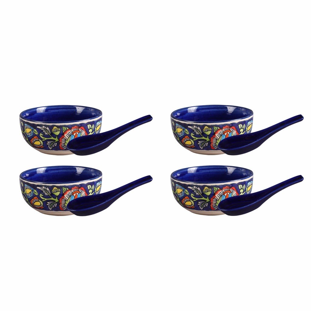 Caffeine Ceramic Handmade Blue Jaipuri Soup Bowl with Spoon Set 4 - Caffeine Premium Stoneware