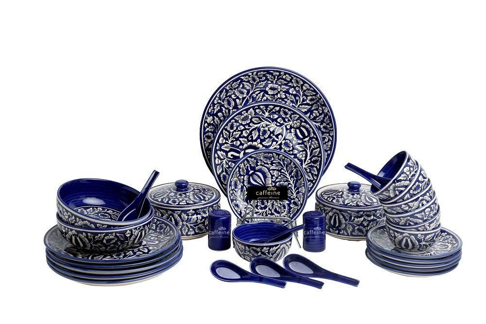 Caffeine Ceramic Handmade Blue Mughal Dinner Set (37 pieces - Microwave & Dishwasher Safe) - Caffeine Premium Stoneware