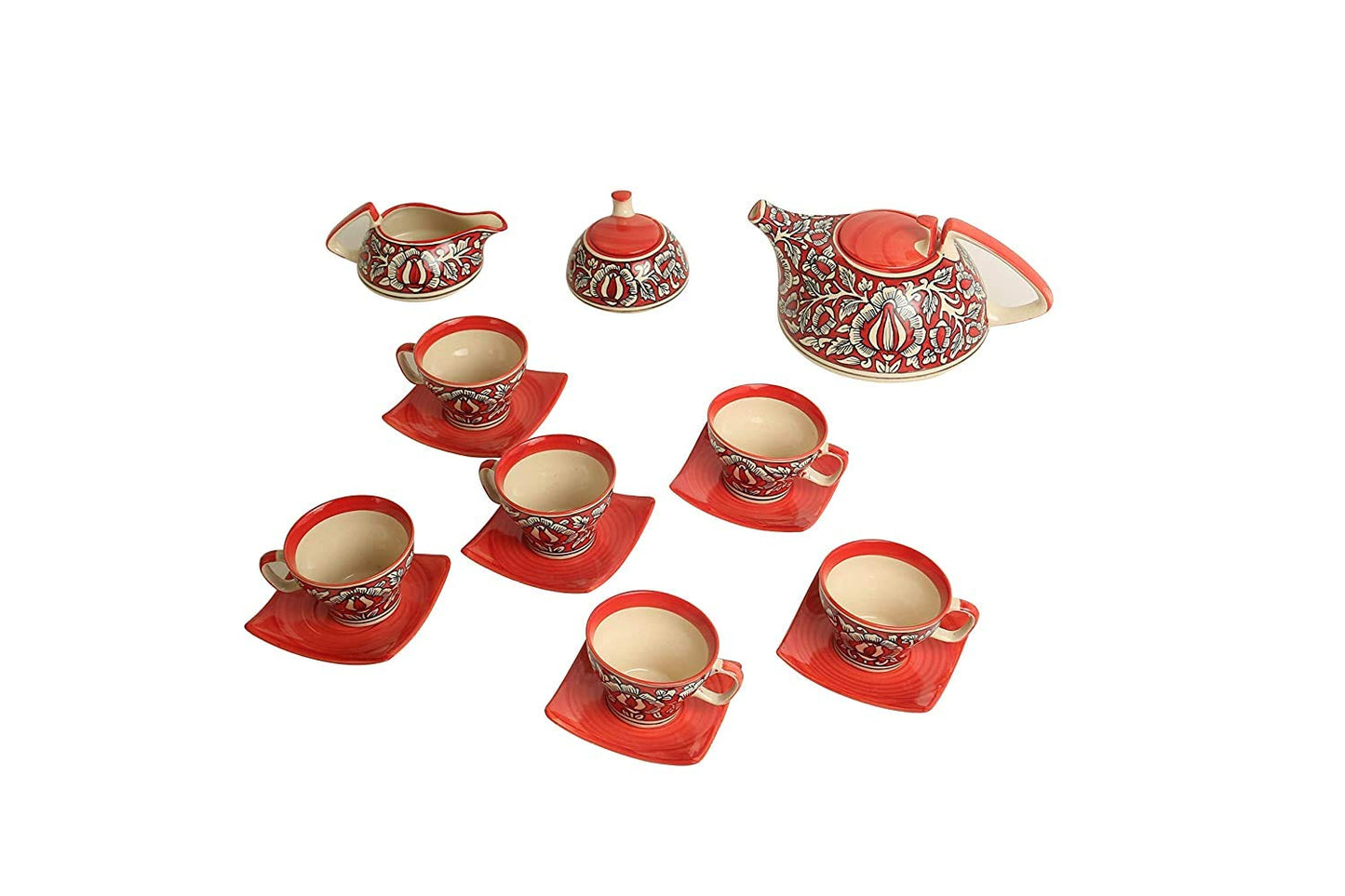 Caffeine Ceramic Handmade Tea Set with Kettle red Mughal Printed Tea Set of 15 - Caffeine Premium Stoneware