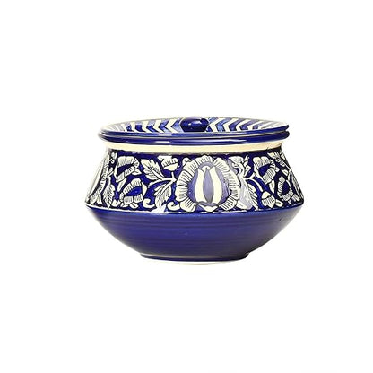 Caffeine Ceramic Handmade Blue Mughal Serving Handi with Lid (Set of 1) small