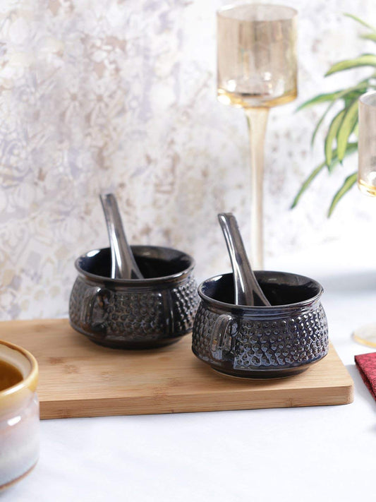 Caffeine Ceramic Handmade Black Bubble Double Handled Soup Bowl (Set of 2) - Caffeine Premium Stoneware