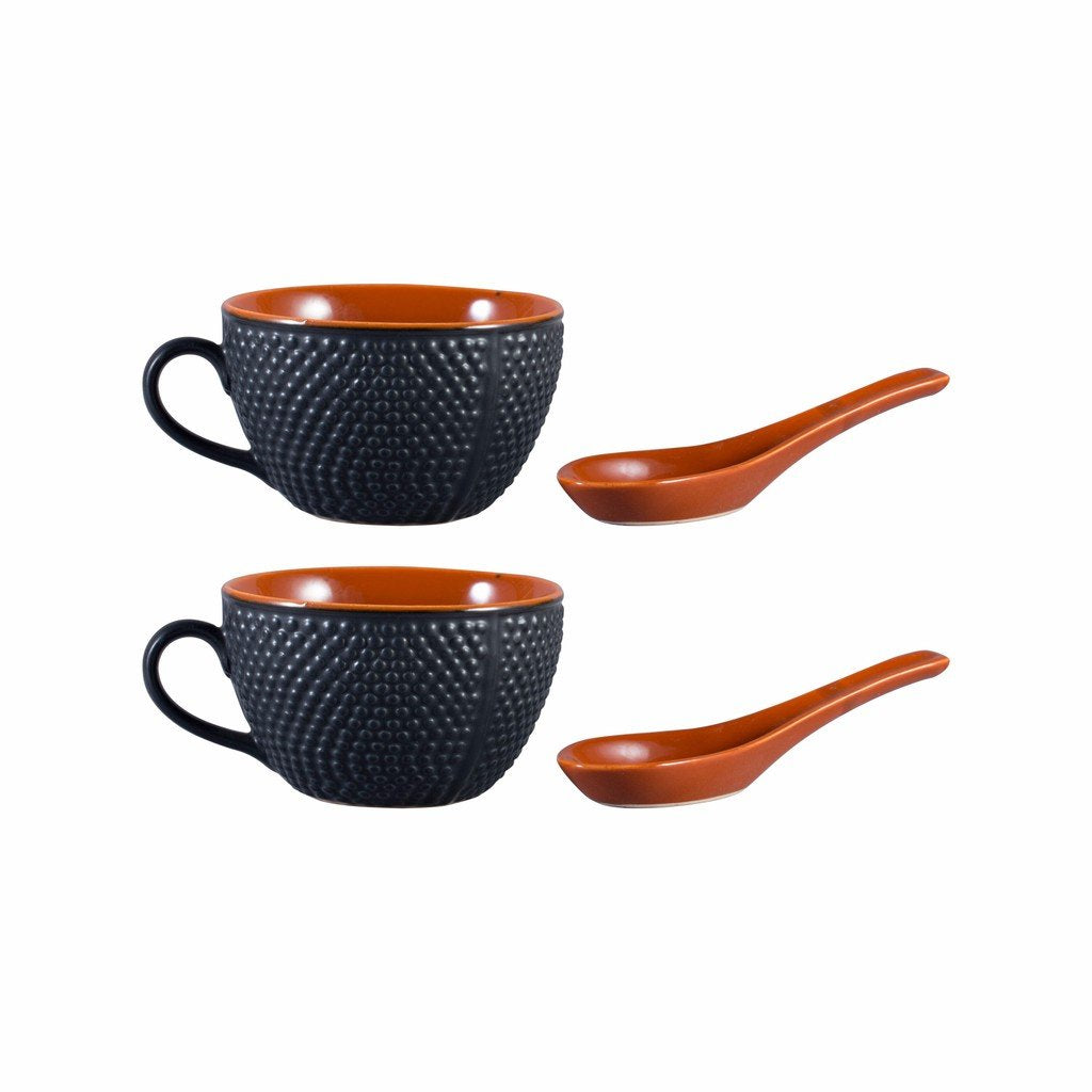 Caffeine Ceramic Handmade Brown & Black Bubble Single Handled Soup Bowl with Spoon (Set of 2) - Caffeine Premium Stoneware