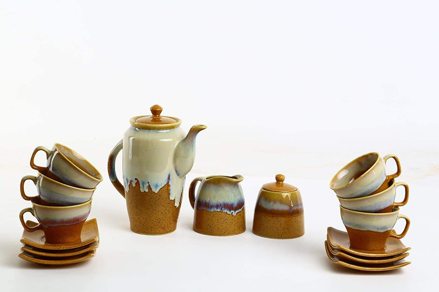 Caffeine Ceramic Handmade Cream and Mustard Studio Tea Set - (15 pcs) - Caffeine Premium Stoneware