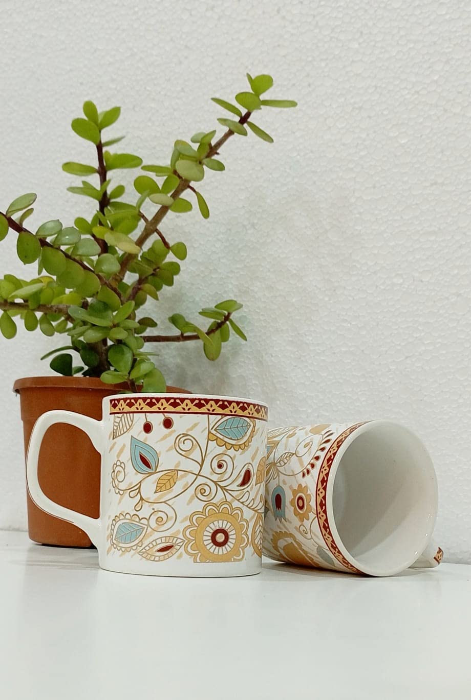 Caffeine Ceramic Handmade White & Gold Floral Tea Cup Set of 2 - Caffeine Premium Stoneware