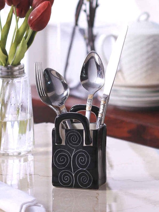 Caffeine Ceramic Stoneware Handmade Black Doodle Pen & Cutlery Holder (set of 1) - Caffeine Premium Stoneware