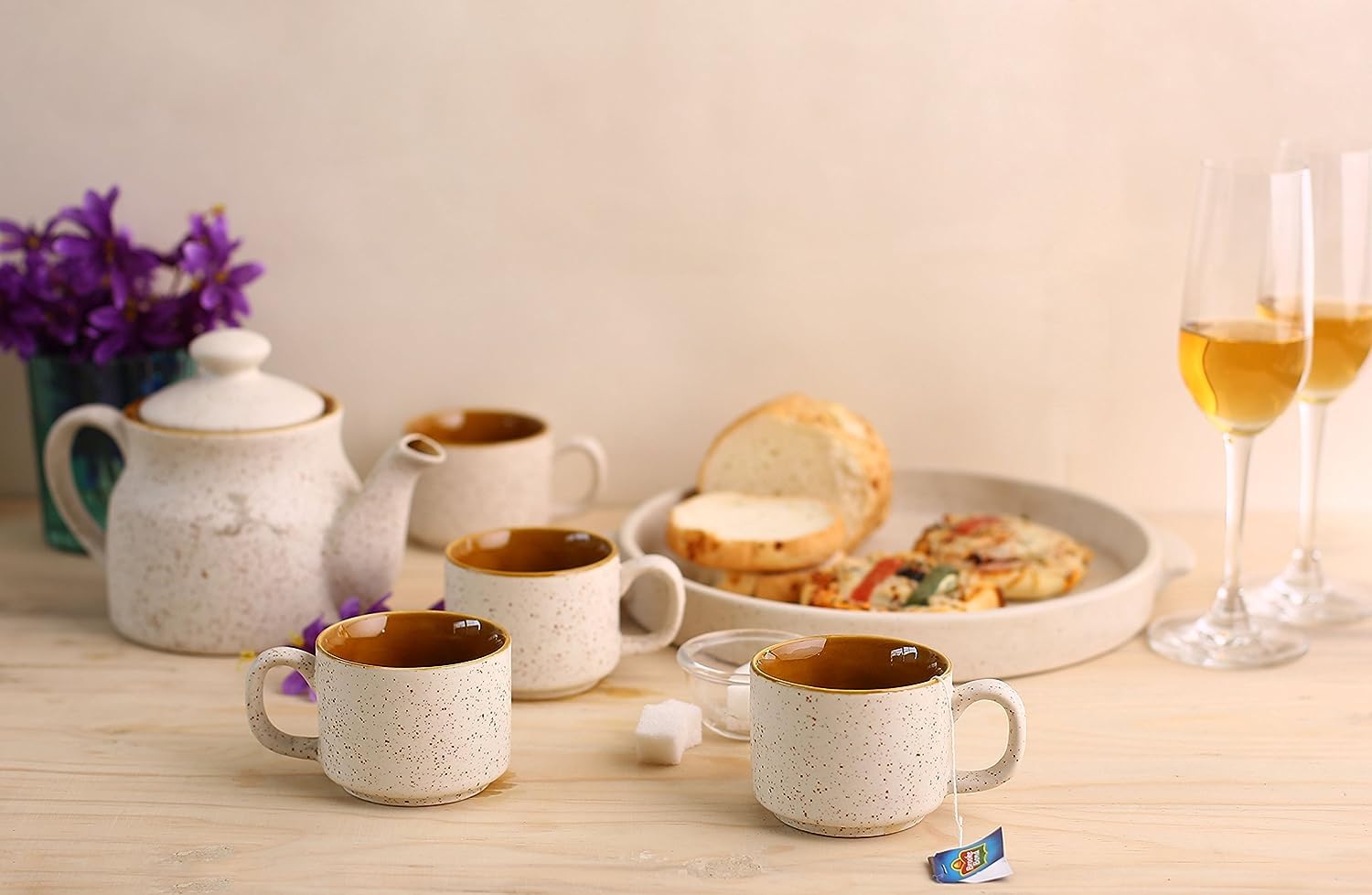Caffeine Ceramic Handmade White & Mustard Matte Pattern Tea Tray Set (6 Pc) - Caffeine Premium Stoneware