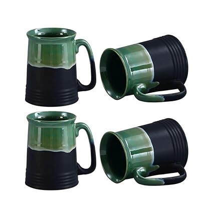 Caffeine Ceramic Handmade Green and Black Studio Beer Mug - Set of 4 - Caffeine Premium Stoneware