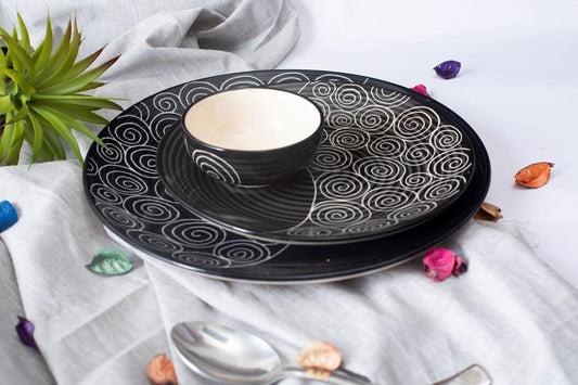 Caffeine Ceramic Black Doodle Combo Dinner set of 17 pcs