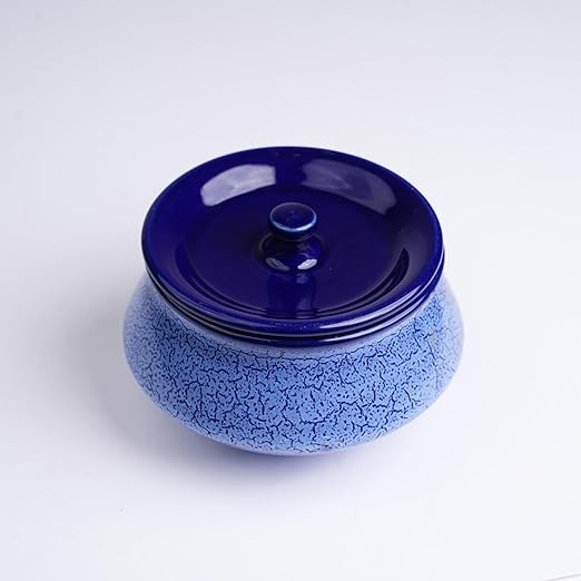 Caffeine Ceramic Handmade Blue Crackle Serving Handi with Lid (Set of 1) small