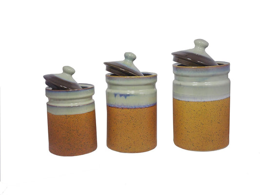 Caffeine Ceramic Stoneware Handmade White and Brown Studio Barni/Pickle Jar (Set of 3) - Caffeine Premium Stoneware