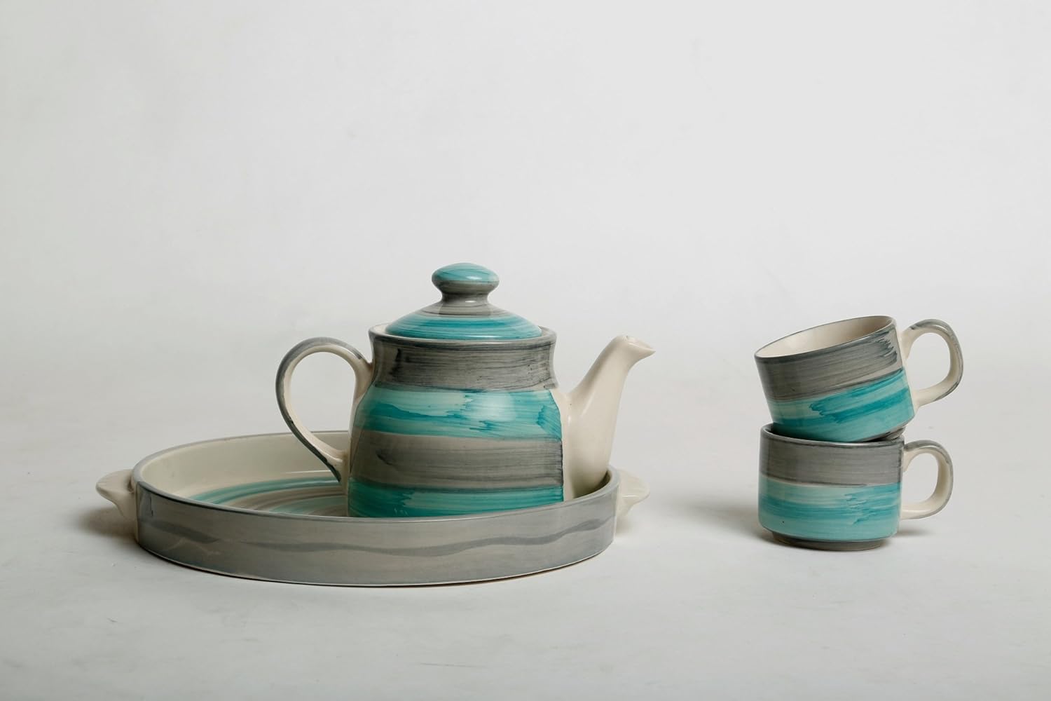 Caffeine Ceramic Handpainted sea Green & Gray Tea Tray Set (6pc) - Caffeine Premium Stoneware