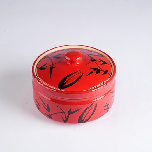 Caffeine Ceramic Handmade Red Bamboo Serving Donga Casserole with lid  (set of 1 large)