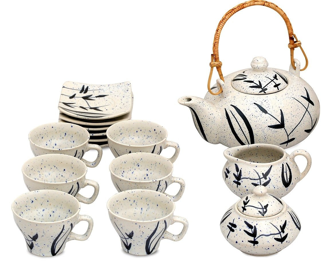 Caffeine Ceramic Handmade Stoneware White Bamboo Style Leaf Printed Tea Set of 15 - Caffeine Premium Stoneware